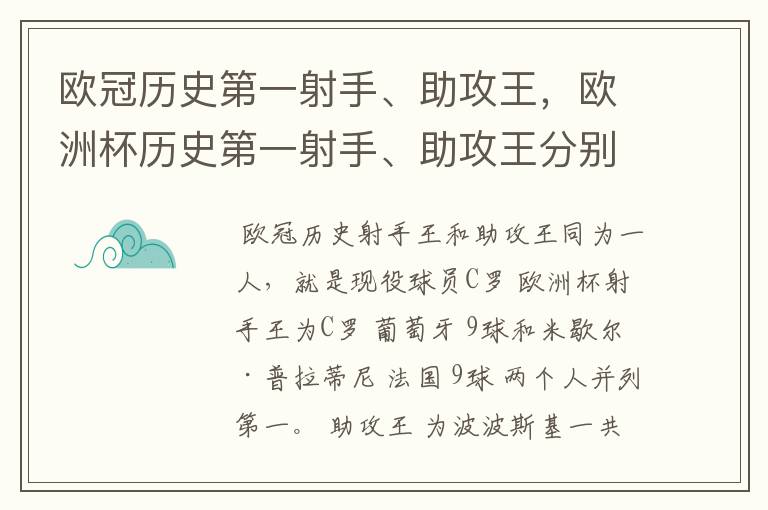 欧冠历史第一射手、助攻王,欧洲杯历史第一射手、助攻王分别是谁?