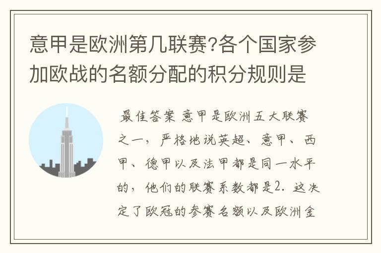 意甲是欧洲第几联赛?各个国家参加欧战的名额分配的积分规则是什么?