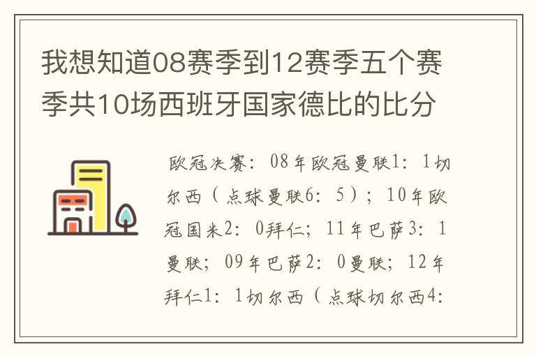 我想知道08赛季到12赛季五个赛季共10场西班牙国家德比的比分,每场的比分 还有这五个赛季欧冠决赛的.