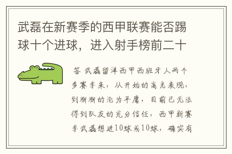 武磊在新赛季的西甲联赛能否踢球十个进球,进入射手榜前二十?