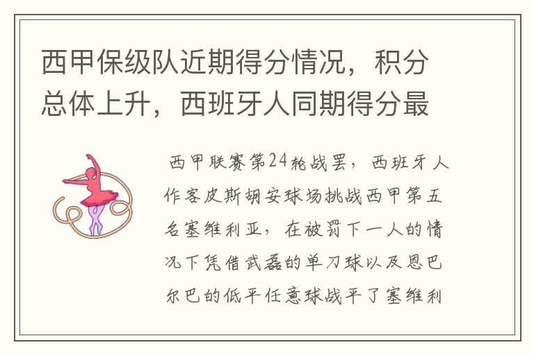 西甲保级队近期得分情况,积分总体上升,西班牙人同期得分最高