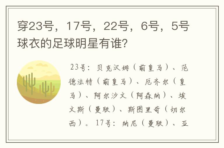 穿23号,17号,22号,6号,5号球衣的足球明星有谁?
