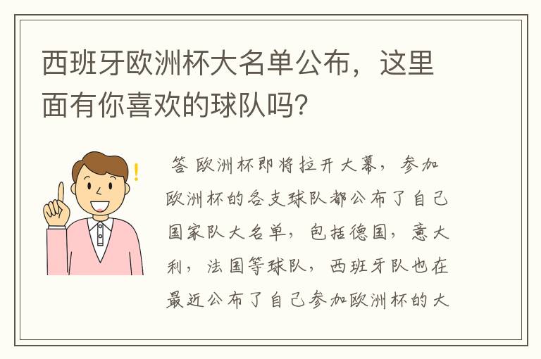 西班牙欧洲杯大名单公布,这里面有你喜欢的球队吗?