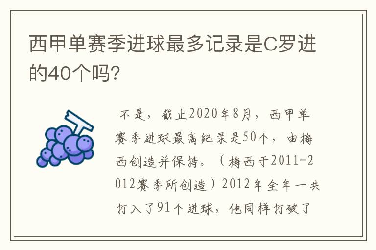 西甲单赛季进球最多记录是C罗进的40个吗?