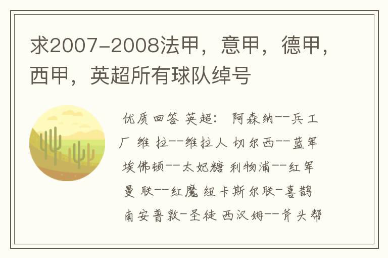 求2007-2008法甲,意甲,德甲,西甲,英超所有球队绰号