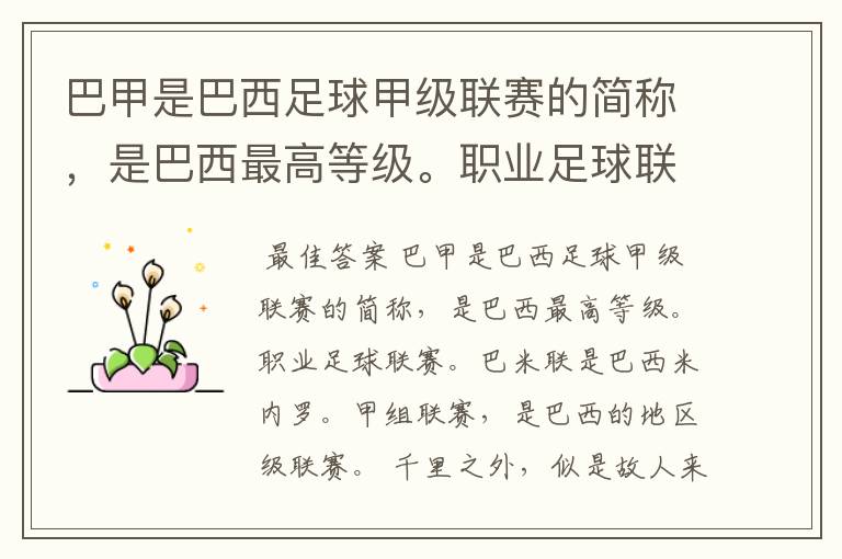巴甲是巴西足球甲级联赛的简称,是巴西最高等级。职业足球联赛。巴米联是巴西米内罗。甲组联赛,