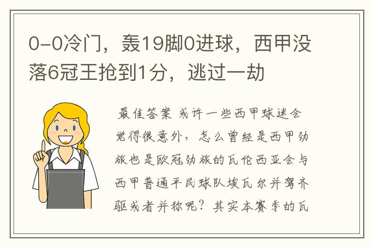 0-0冷门,轰19脚0进球,西甲没落6冠王抢到1分,逃过一劫