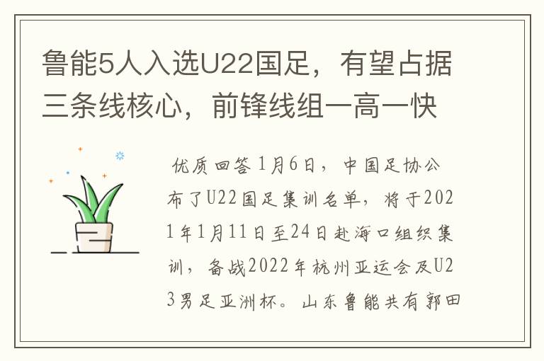鲁能5人入选U22国足,有望占据三条线核心,前锋线组一高一快