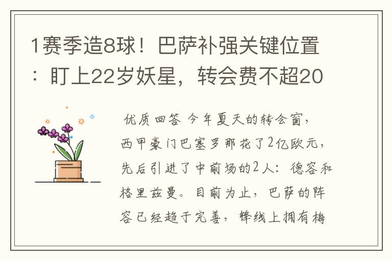 1赛季造8球!巴萨补强关键位置:盯上22岁妖星,转会费不超2000万