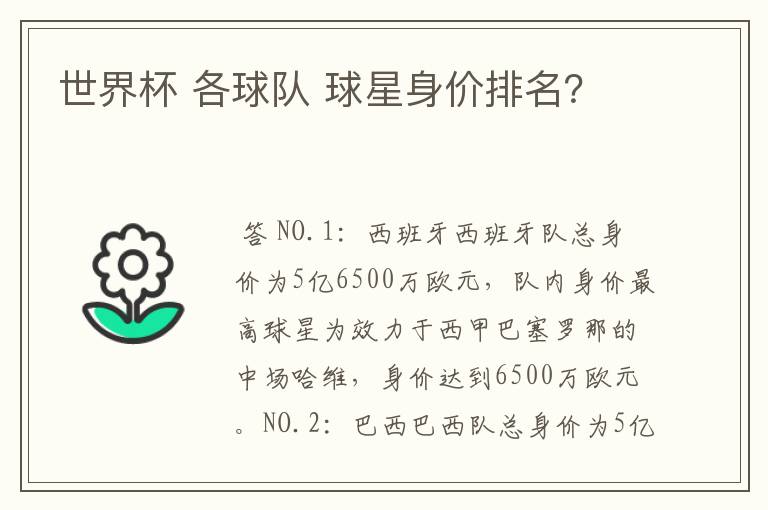 世界杯 各球队 球星身价排名?