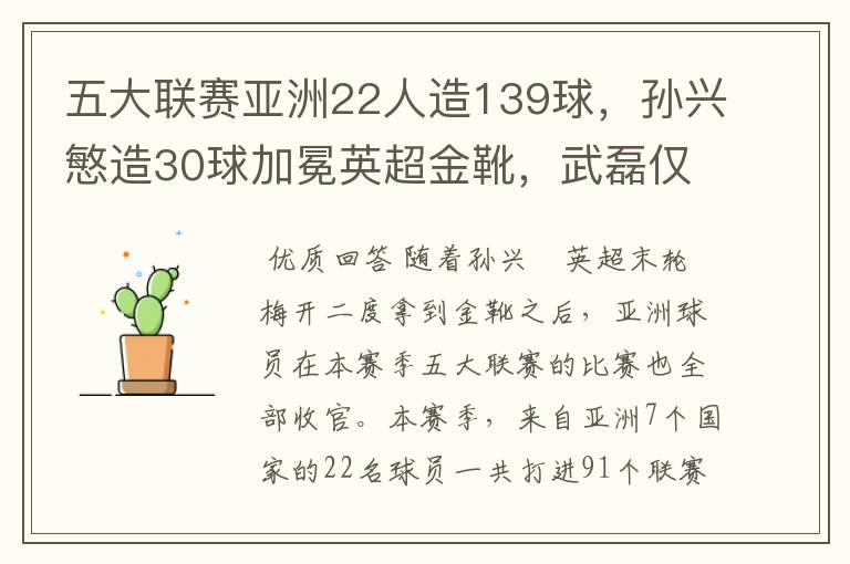 五大联赛亚洲22人造139球,孙兴慜造30球加冕英超金靴,武磊仅1球