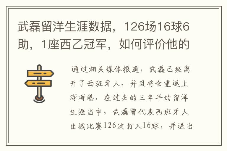 武磊留洋生涯数据,126场16球6助,1座西乙冠军,如何评价他的表现?