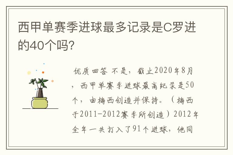 西甲单赛季进球最多记录是C罗进的40个吗?
