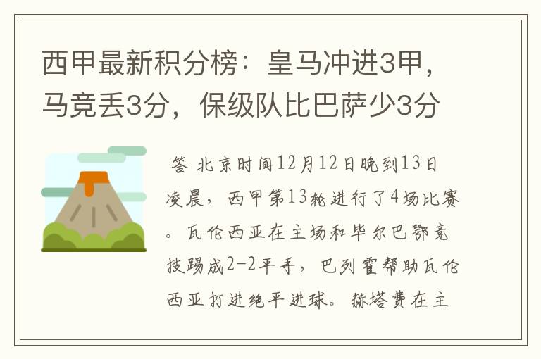西甲最新积分榜:皇马冲进3甲,马竞丢3分,保级队比巴萨少3分