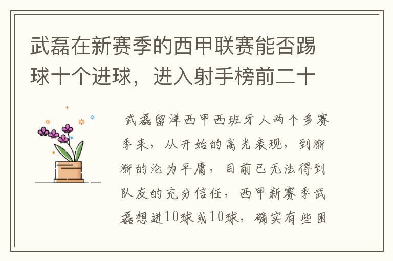 武磊在新赛季的西甲联赛能否踢球十个进球,进入射手榜前二十?