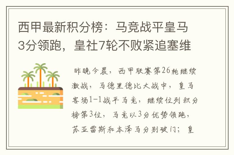 西甲最新积分榜:马竞战平皇马3分领跑,皇社7轮不败紧追塞维