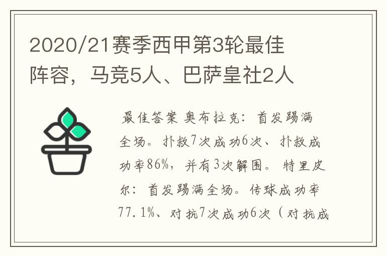 2020/21赛季西甲第3轮最佳阵容,马竞5人、巴萨皇社2人