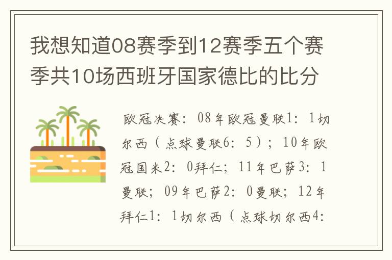 我想知道08赛季到12赛季五个赛季共10场西班牙国家德比的比分,每场的比分 还有这五个赛季欧冠决赛的.