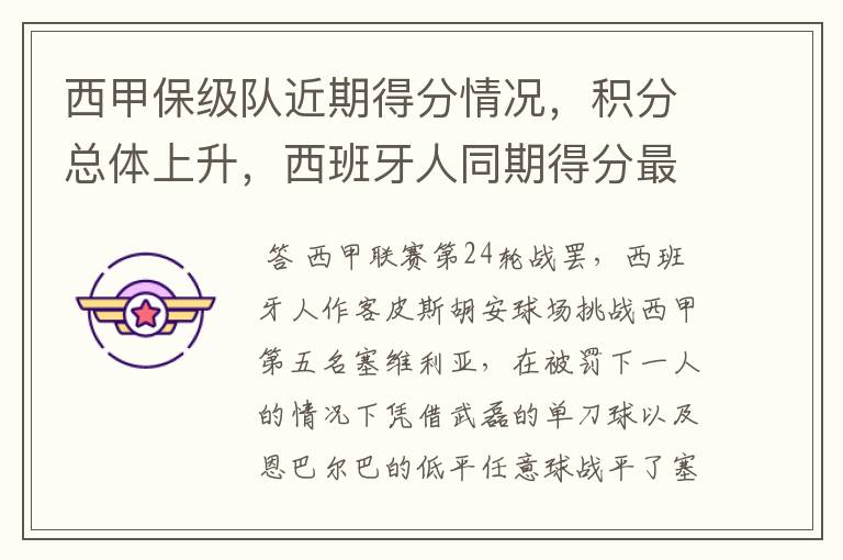 西甲保级队近期得分情况,积分总体上升,西班牙人同期得分最高