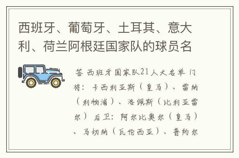 西班牙、葡萄牙、土耳其、意大利、荷兰阿根廷国家队的球员名单