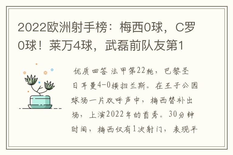 2022欧洲射手榜:梅西0球,C罗0球!莱万4球,武磊前队友第1