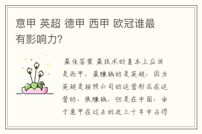 意甲 英超 德甲 西甲 欧冠谁最有影响力?