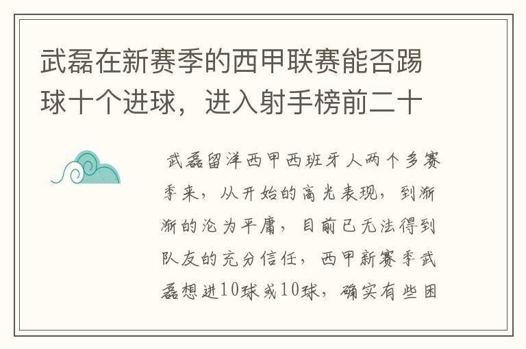 武磊在新赛季的西甲联赛能否踢球十个进球,进入射手榜前二十?