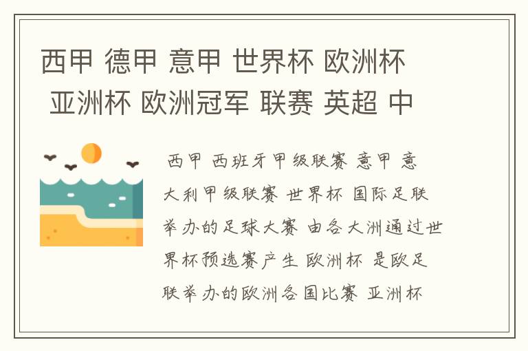 西甲 德甲 意甲 世界杯 欧洲杯 亚洲杯 欧洲冠军 联赛 英超 中超 分别是什么意思啊?