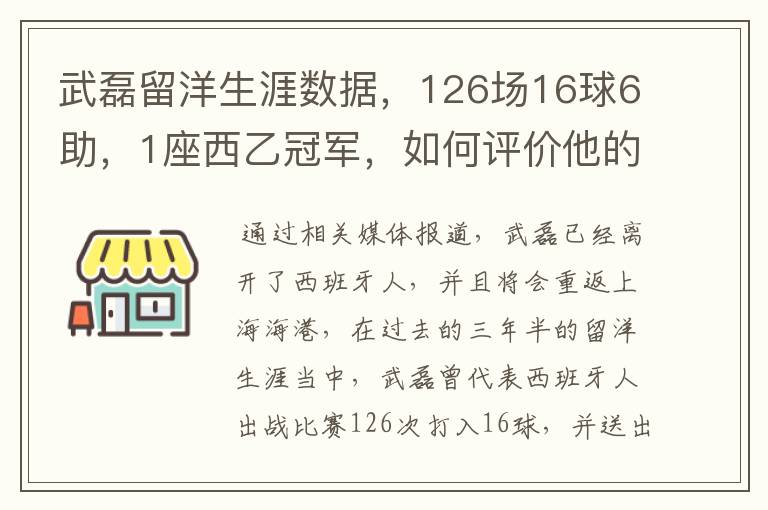 武磊留洋生涯数据,126场16球6助,1座西乙冠军,如何评价他的表现?