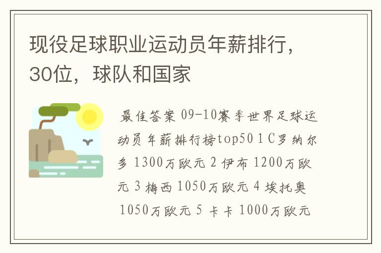 现役足球职业运动员年薪排行,30位,球队和国家