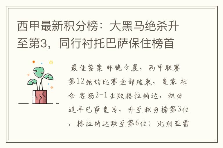 西甲最新积分榜:大黑马绝杀升至第3,同行衬托巴萨保住榜首