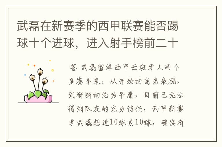 武磊在新赛季的西甲联赛能否踢球十个进球,进入射手榜前二十?
