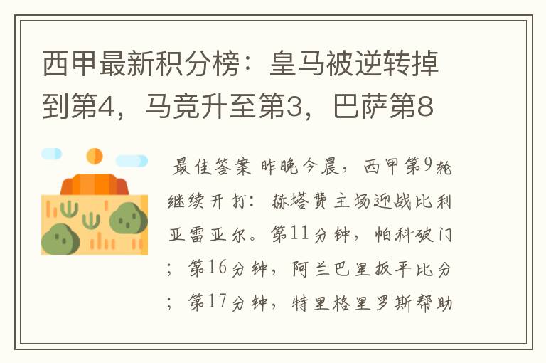 西甲最新积分榜:皇马被逆转掉到第4,马竞升至第3,巴萨第8