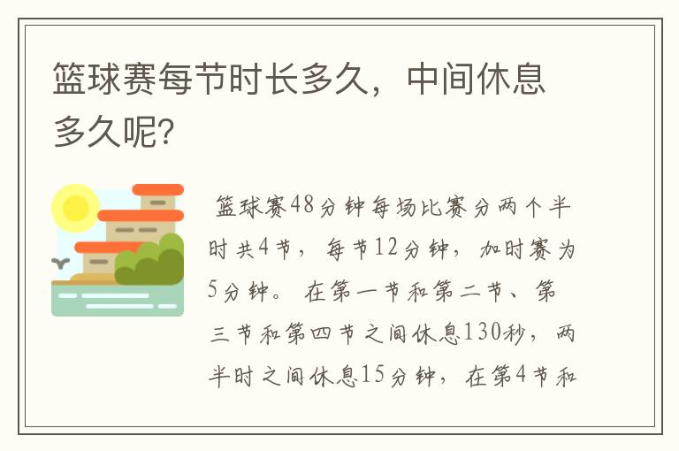 篮球赛每节时长多久,中间休息多久呢?