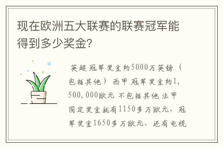 现在欧洲五大联赛的联赛冠军能得到多少奖金?
