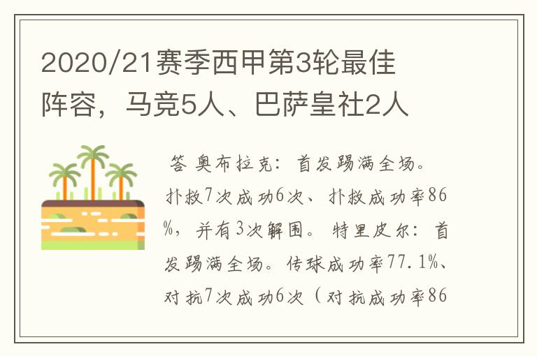2020/21赛季西甲第3轮最佳阵容,马竞5人、巴萨皇社2人