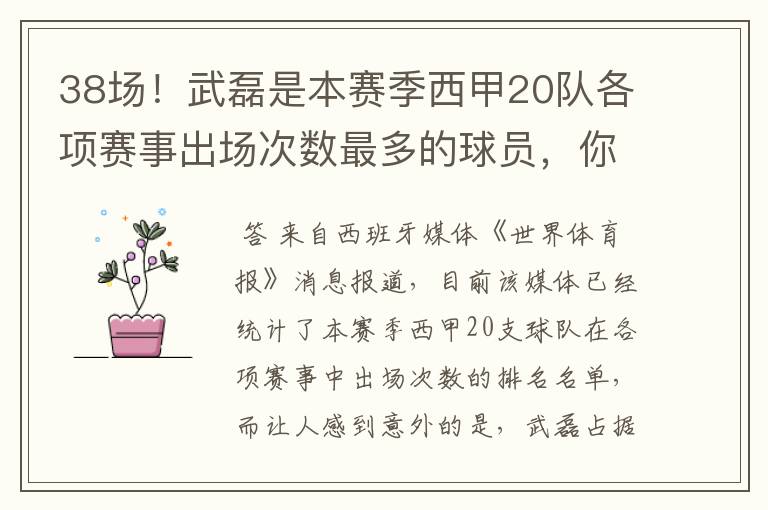 38场!武磊是本赛季西甲20队各项赛事出场次数最多的球员,你怎么看?