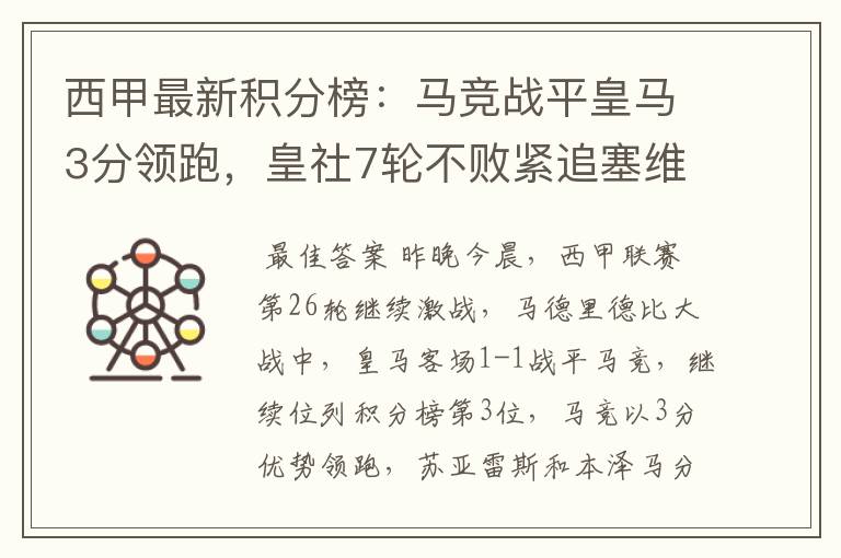 西甲最新积分榜:马竞战平皇马3分领跑,皇社7轮不败紧追塞维