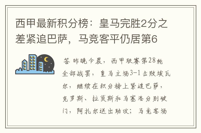 西甲最新积分榜:皇马完胜2分之差紧追巴萨,马竞客平仍居第6