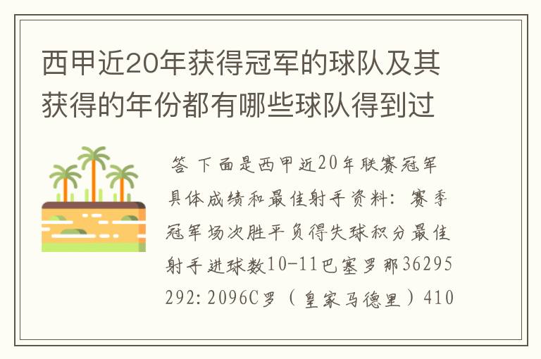 西甲近20年获得冠军的球队及其获得的年份都有哪些球队得到过意大利