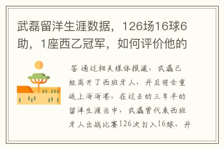 武磊留洋生涯数据,126场16球6助,1座西乙冠军,如何评价他的表现?