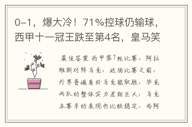 0-1,爆大冷!71%控球仍输球,西甲十一冠王跌至第4名,皇马笑了