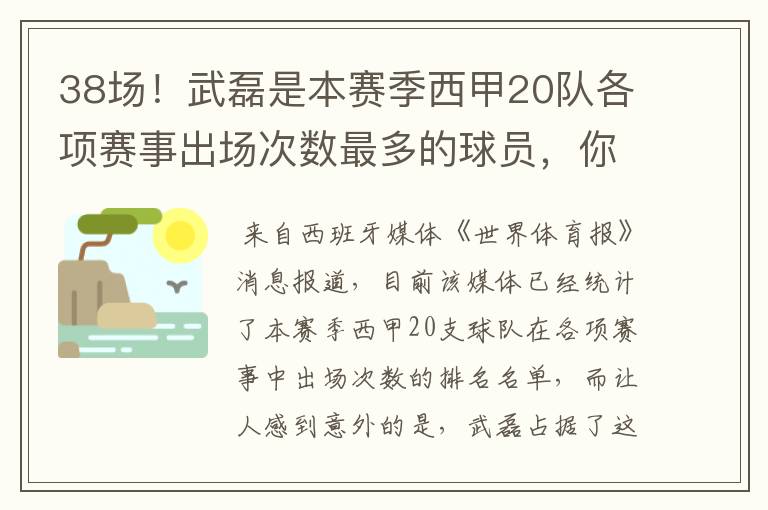 38场!武磊是本赛季西甲20队各项赛事出场次数最多的球员,你怎么看?