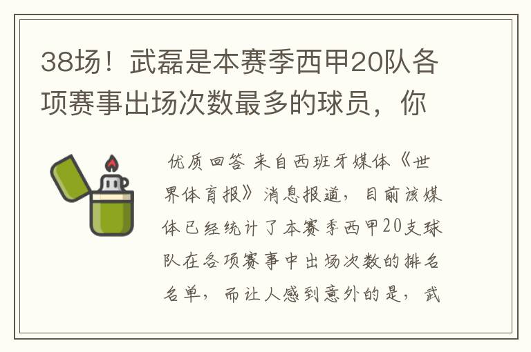 38场!武磊是本赛季西甲20队各项赛事出场次数最多的球员,你怎么看?
