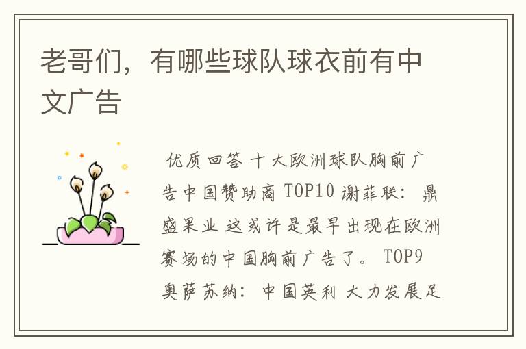 老哥们,有哪些球队球衣前有中文广告