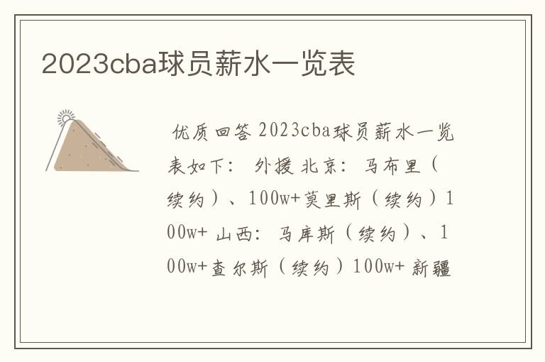 2023cba球员薪水一览表