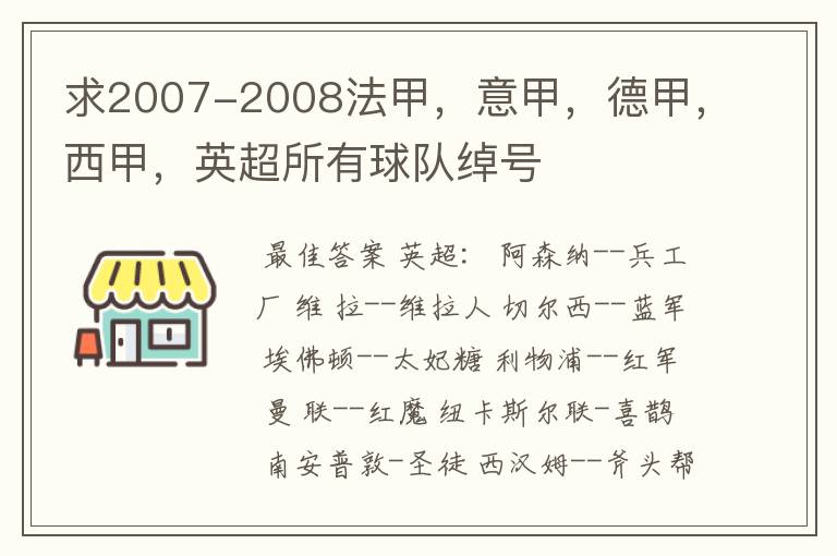 求2007-2008法甲,意甲,德甲,西甲,英超所有球队绰号