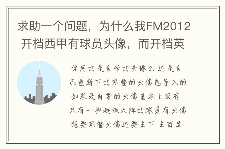 求助一个问题,为什么我FM2012 开档西甲有球员头像,而开档英超没有球员头像?求大虾解释。