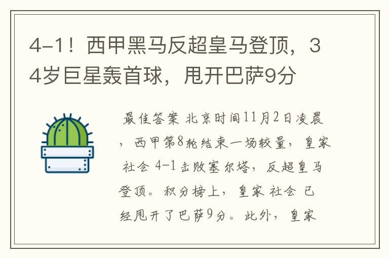 4-1!西甲黑马反超皇马登顶,34岁巨星轰首球,甩开巴萨9分