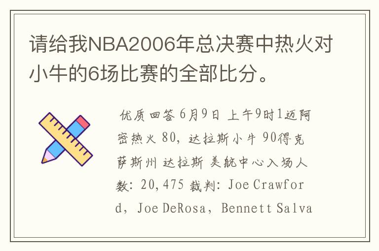 请给我NBA2006年总决赛中热火对小牛的6场比赛的全部比分。